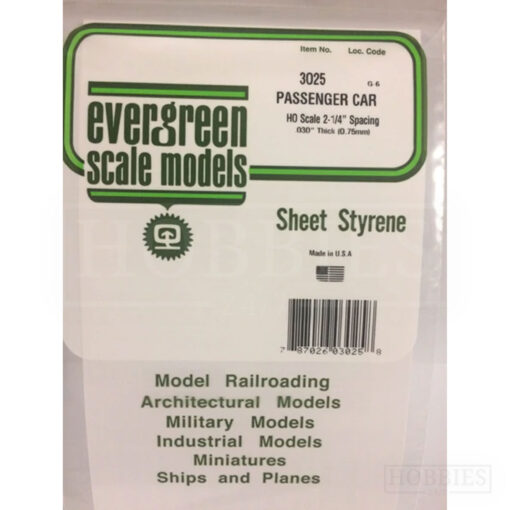 Evergreen Passenger Car Sheet - 3025 Ho Scale Spacing - 0.75mm Thick