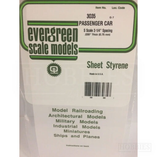 Evergreen Passenger Car Sheet - 3035 S Scale Spacing - 0.75mm Thick